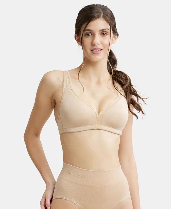 Wire free Non Padded Soft Touch Microfiber Elastane Stretch Full Coverage Everyday Bra with Stylized Mesh Panel