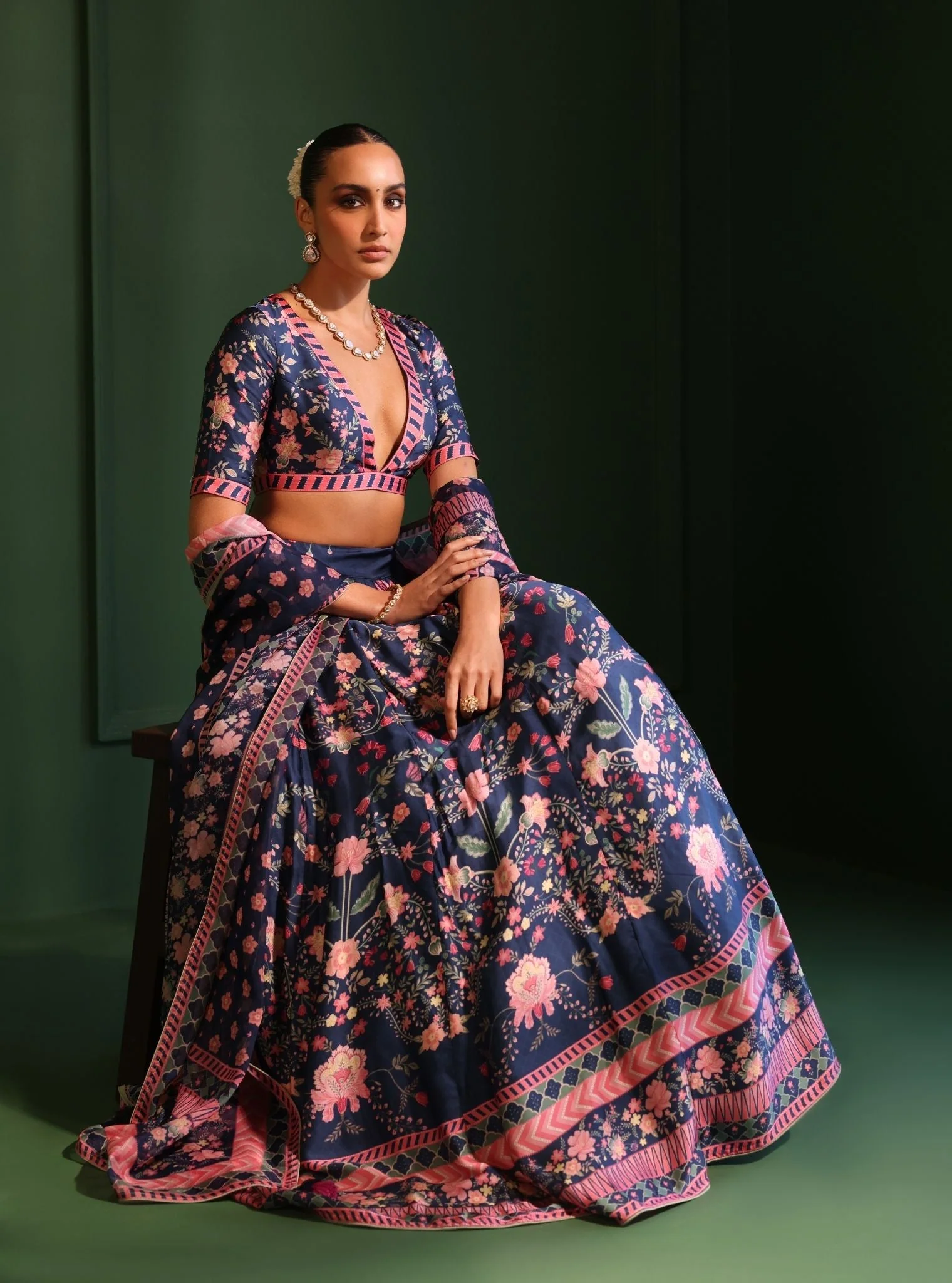 Cupro Satin Printed Jhanak Navy Lehenga - Image 3