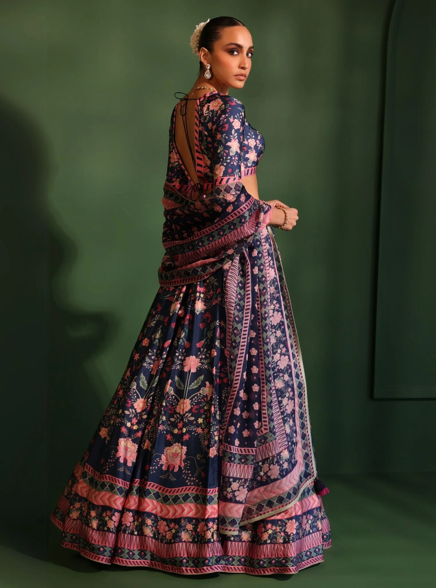 Cupro Satin Printed Jhanak Navy Lehenga - Image 7