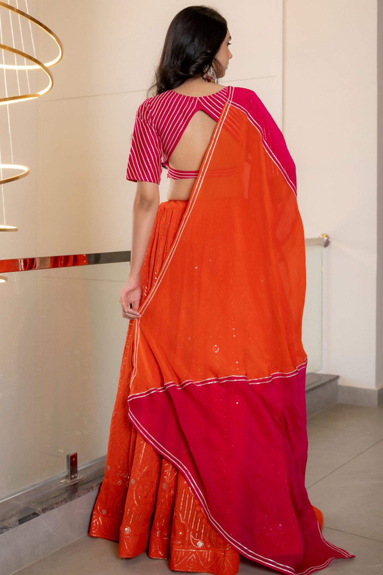 Orange Muslin & Organza Embellished Lehenga Set - Image 3