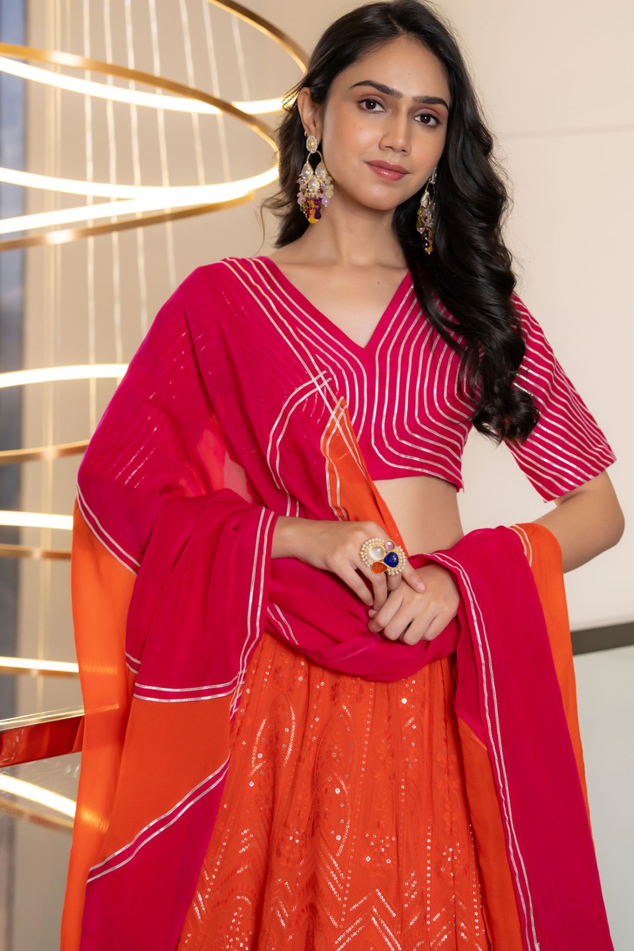 Orange Muslin & Organza Embellished Lehenga Set - Image 4
