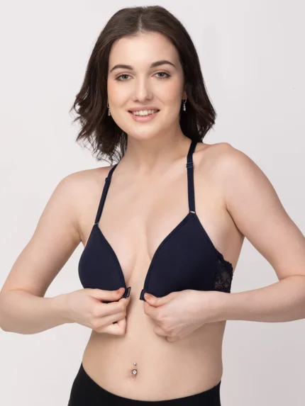 Navy Blue Non-Wired Lightly Padded Medium Coverage Women's Front-Open Bra