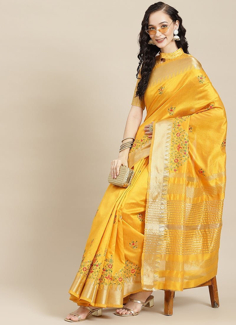 Assam Cotton Silk Thread Embroidered Work Temple Contrast Border Saree Festive Wear