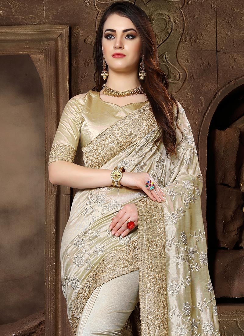 Light Beige Embroidered Saree Party Wear - Image 2